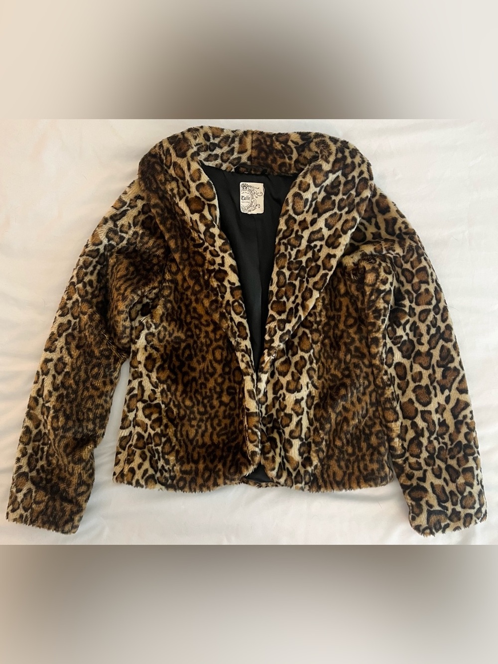 Tulle Leopard Print Teddy Faux Fur Jacket - Brown/Black